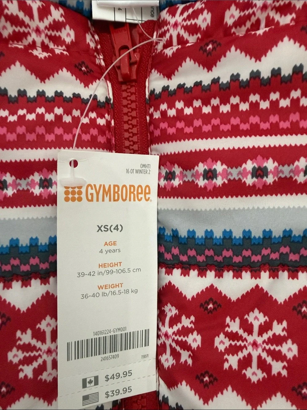 GYMBOREE Girl's Puffer Jacket- Fair Isle Snowflake Pattern Red sz xs (4)  NWTs